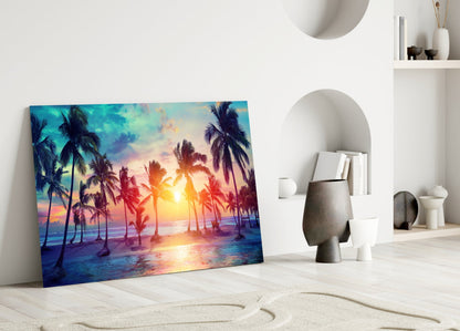 Tropical Sunset Palms Glass Wall Art