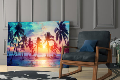 Tropical Sunset Palms Glass Wall Art