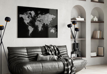 Silver Glitter World Map Glass Wall Art