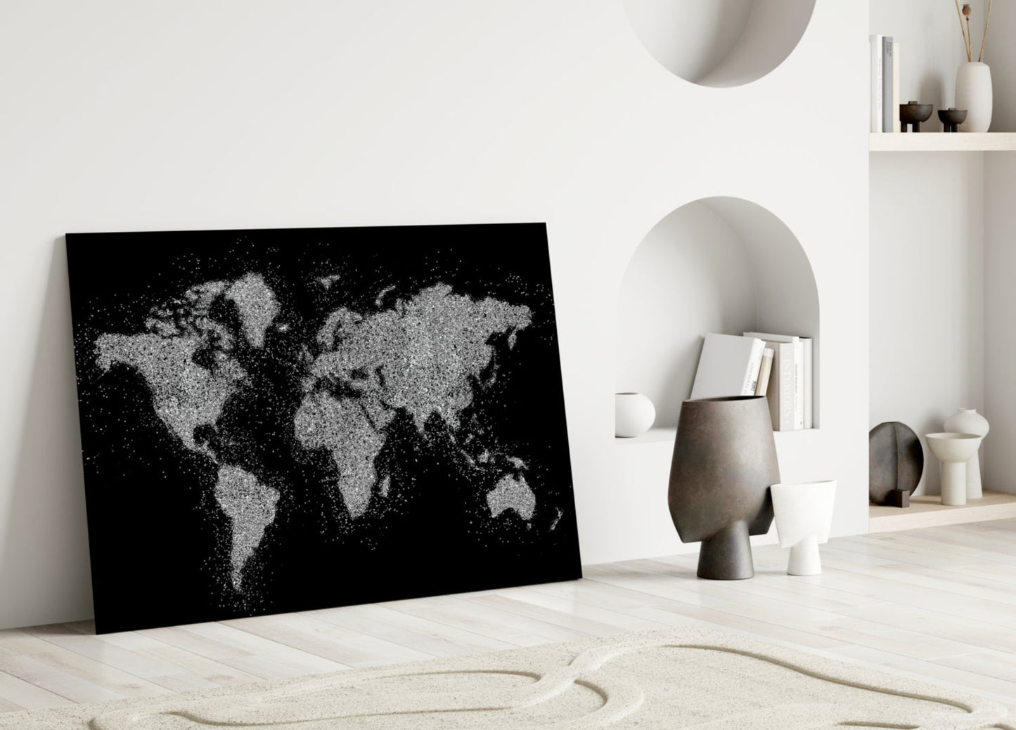 Silver Glitter World Map Glass Wall Art