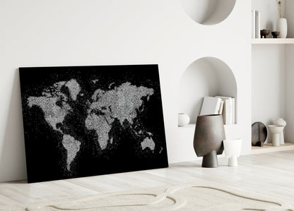 Silver Glitter World Map Glass Wall Art