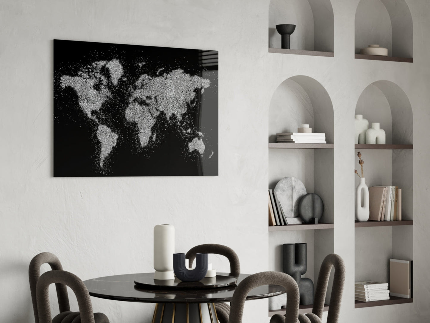 Silver Glitter World Map Glass Wall Art