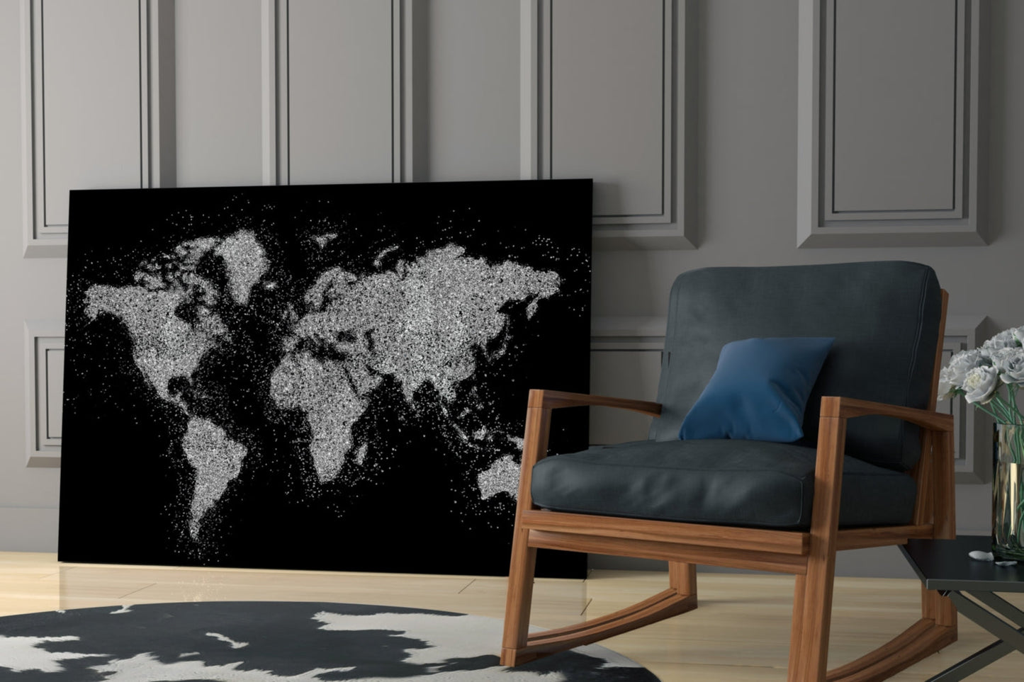 Silver Glitter World Map Glass Wall Art