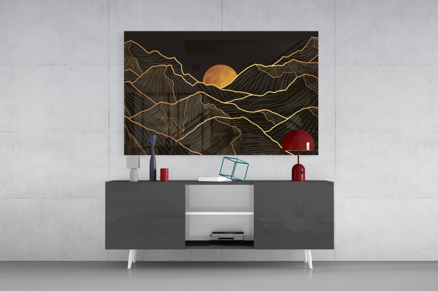 Moon Over Mountains Gold Line Glass Wall Art
