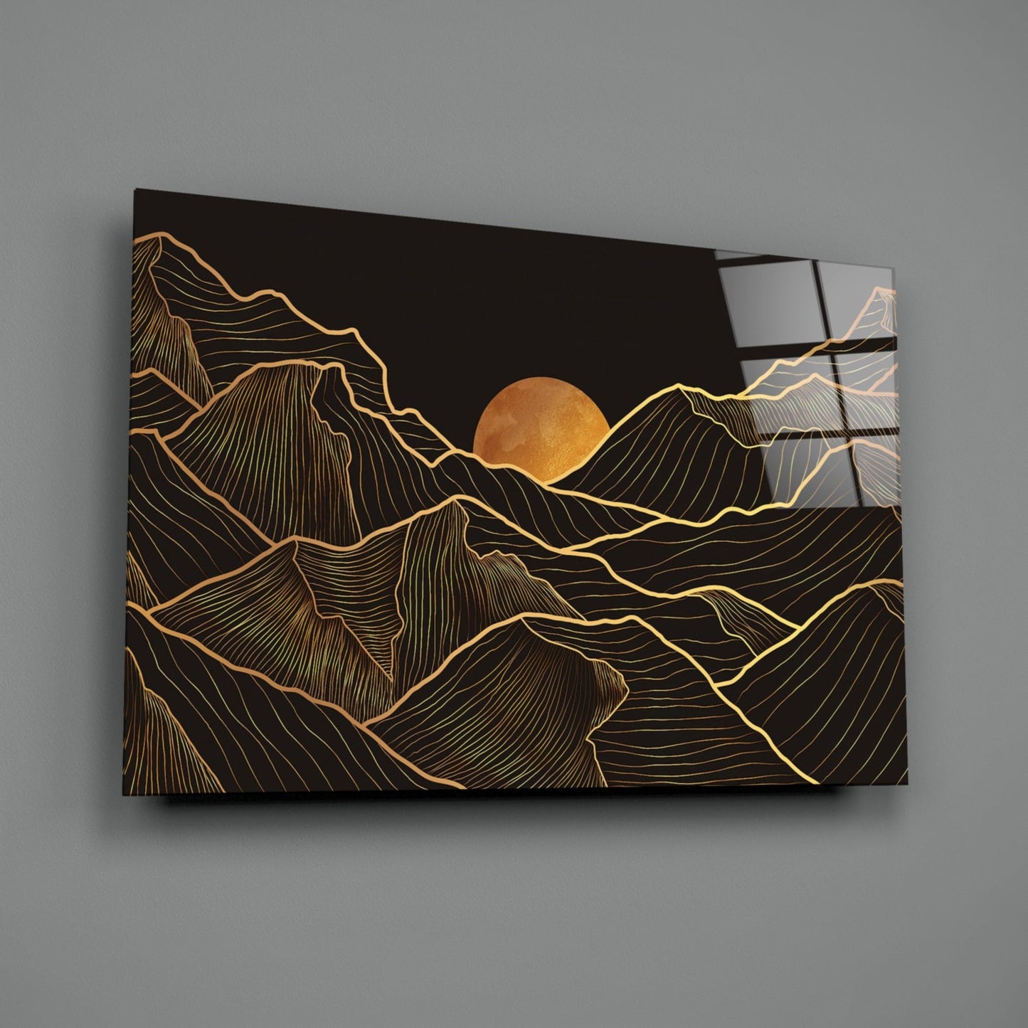 Moon Over Mountains Gold Line Glass Wall Art