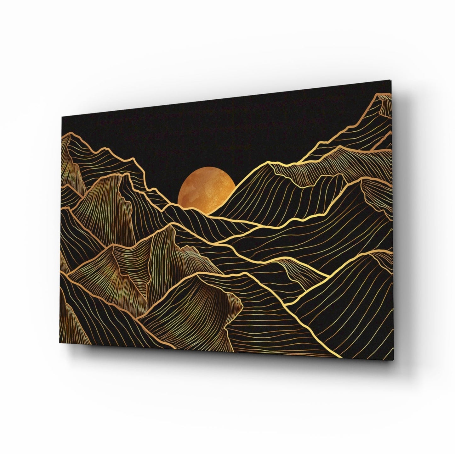 Moon Over Mountains Gold Line Glass Wall Art