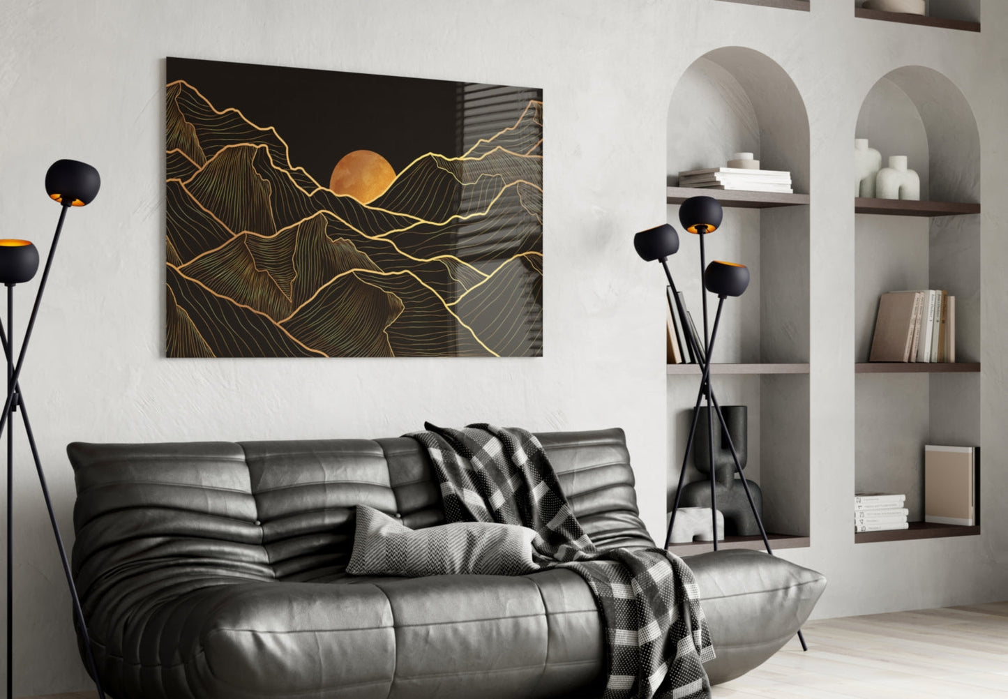 Moon Over Mountains Gold Line Glass Wall Art