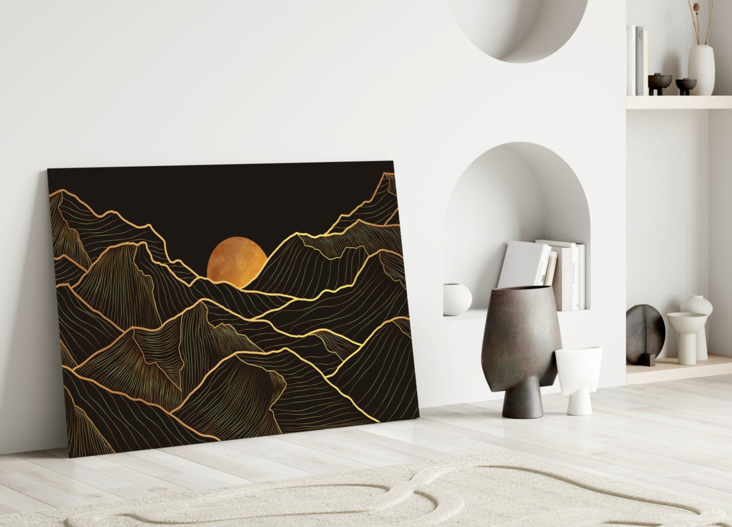 Moon Over Mountains Gold Line Glass Wall Art