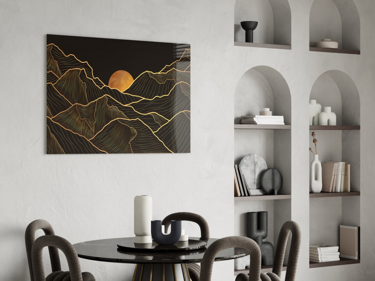 Moon Over Mountains Gold Line Glass Wall Art
