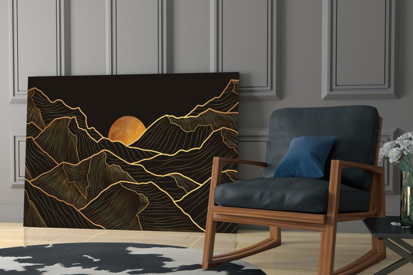 Moon Over Mountains Gold Line Glass Wall Art