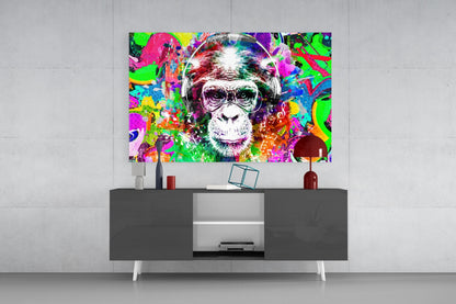 Chimp with Headphones Glass Wall Art