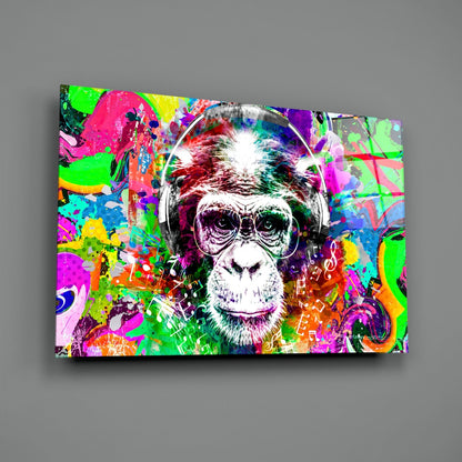 Chimp with Headphones Glass Wall Art