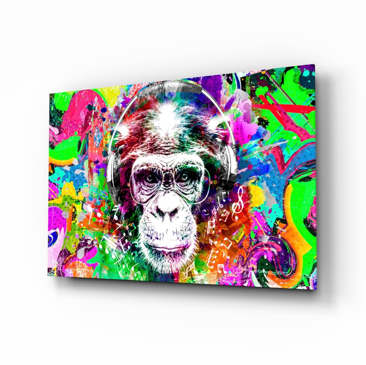 Chimp with Headphones Glass Wall Art