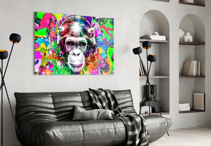 Chimp with Headphones Glass Wall Art