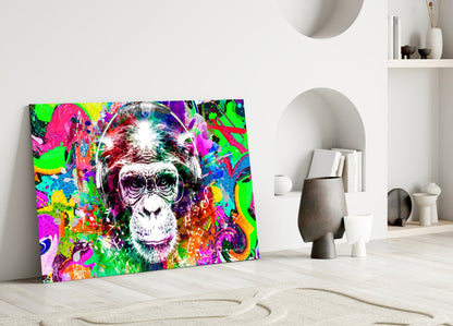 Chimp with Headphones Glass Wall Art