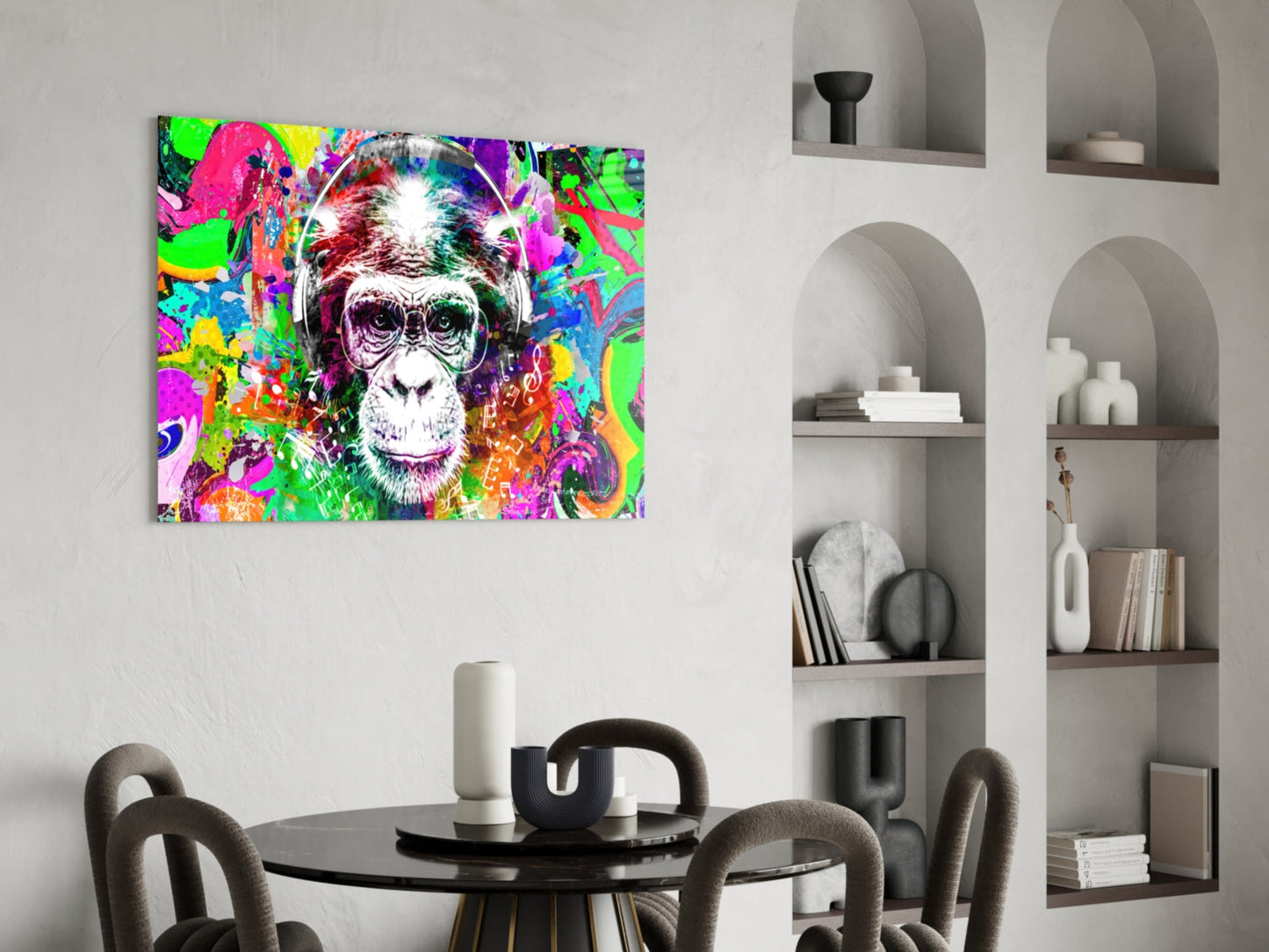 Chimp with Headphones Glass Wall Art