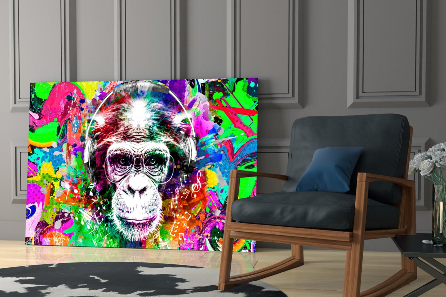 Chimp with Headphones Glass Wall Art