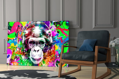 Chimp with Headphones Glass Wall Art