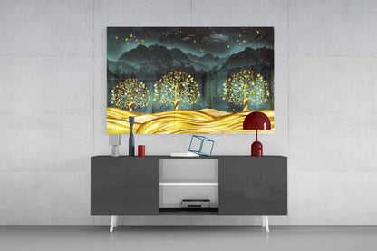 Golden Forest Mountain Night Glass Wall Art