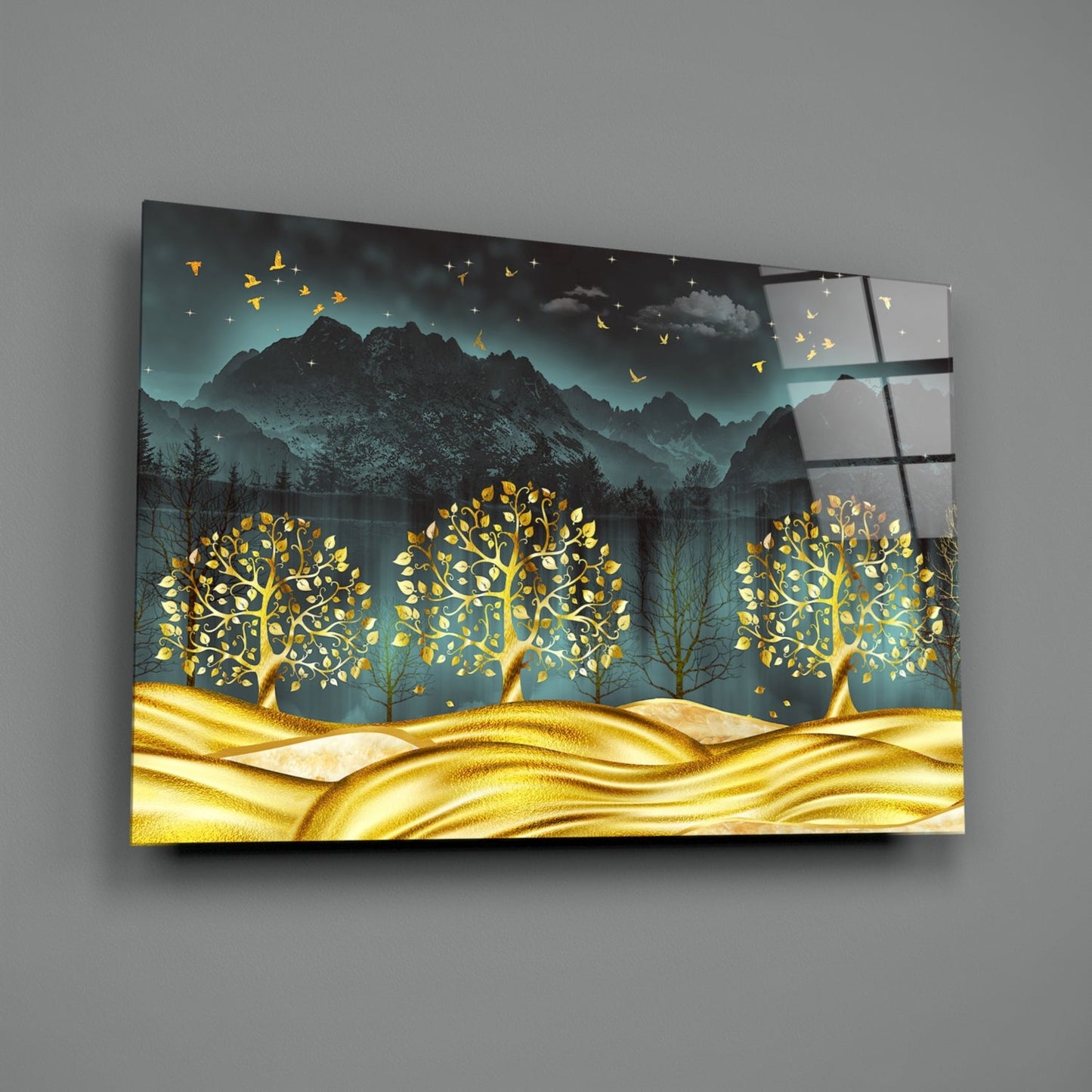 Golden Forest Mountain Night Glass Wall Art