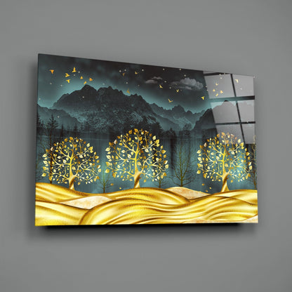 Golden Forest Mountain Night Glass Wall Art