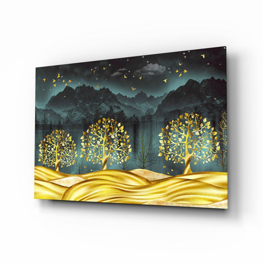 Golden Forest Mountain Night Glass Wall Art