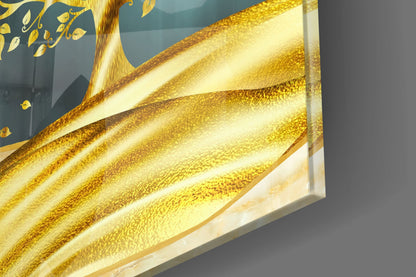 Golden Forest Mountain Night Glass Wall Art