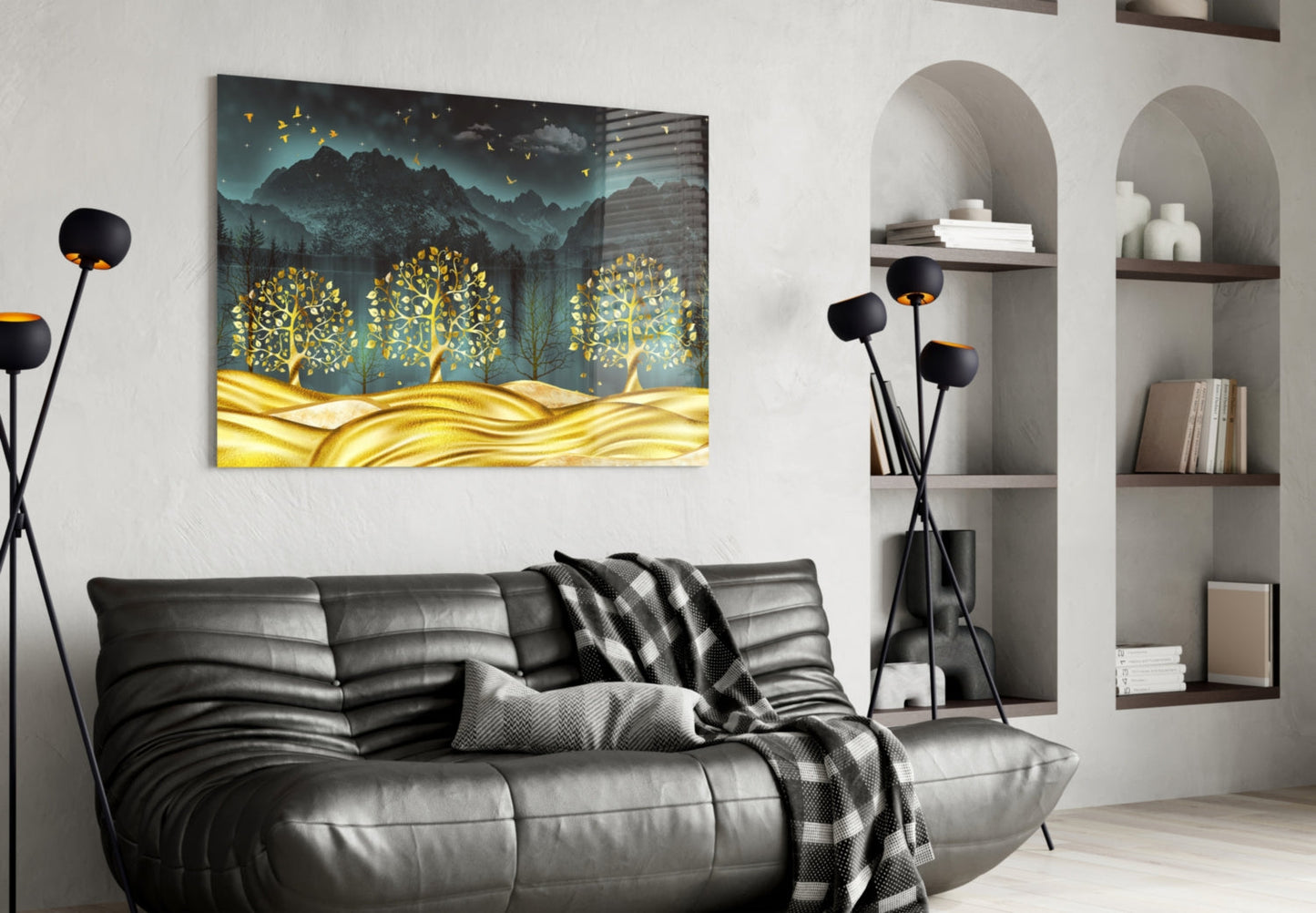 Golden Forest Mountain Night Glass Wall Art