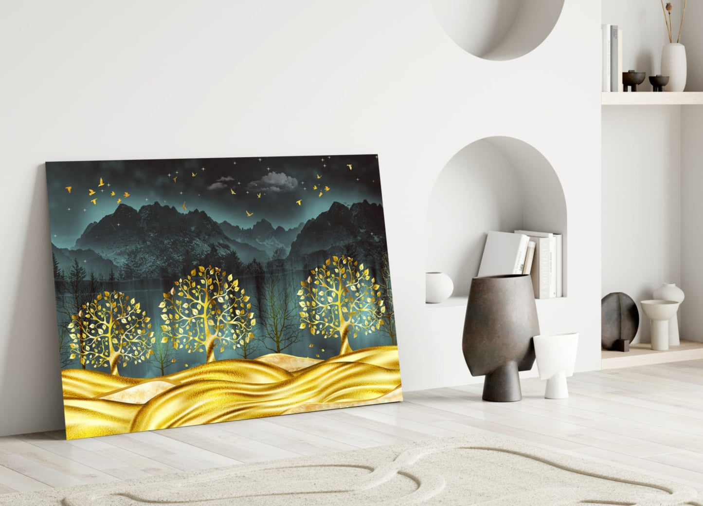 Golden Forest Mountain Night Glass Wall Art
