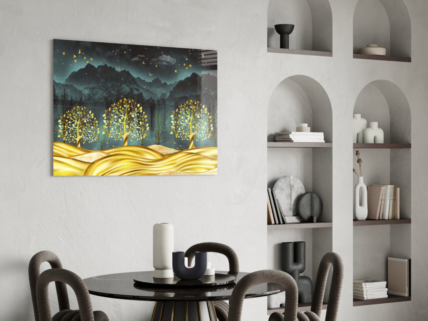 Golden Forest Mountain Night Glass Wall Art