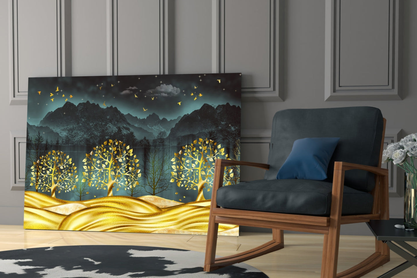 Golden Forest Mountain Night Glass Wall Art