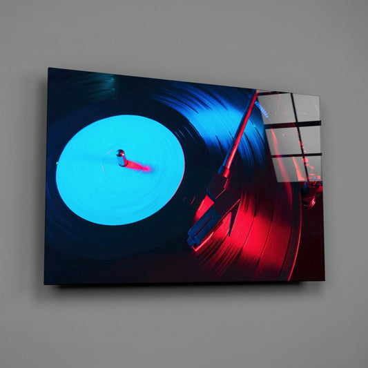 Neon vinyl record turntable glass wall art angled against a soft gray background