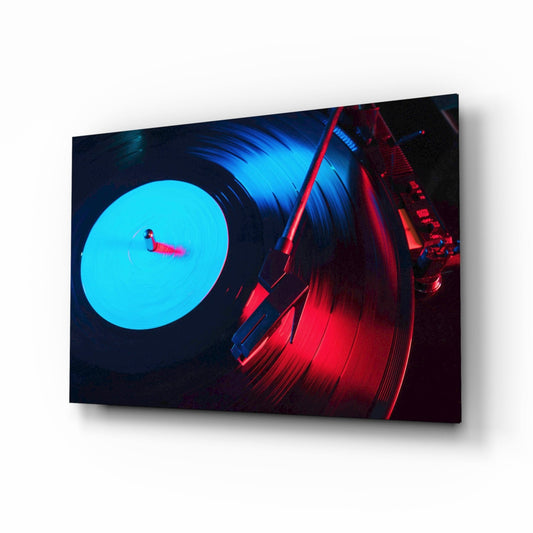 Neon vinyl record turntable glass wall art shown on a plain white background