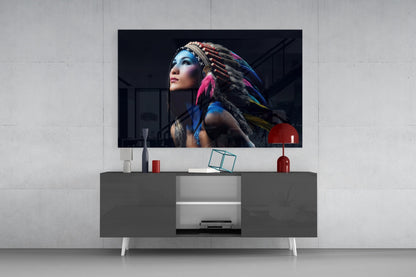 Feather Headdress Portrait Glass Wall Art