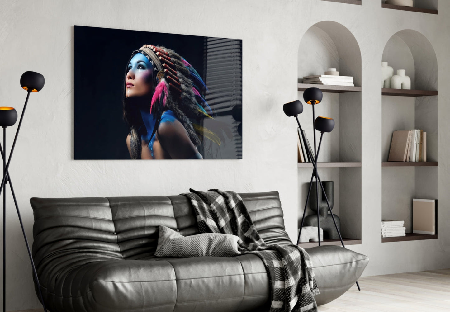Feather Headdress Portrait Glass Wall Art