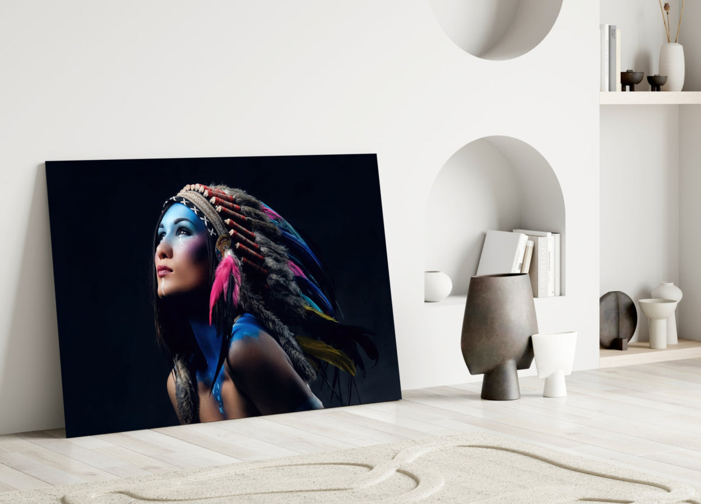 Feather Headdress Portrait Glass Wall Art