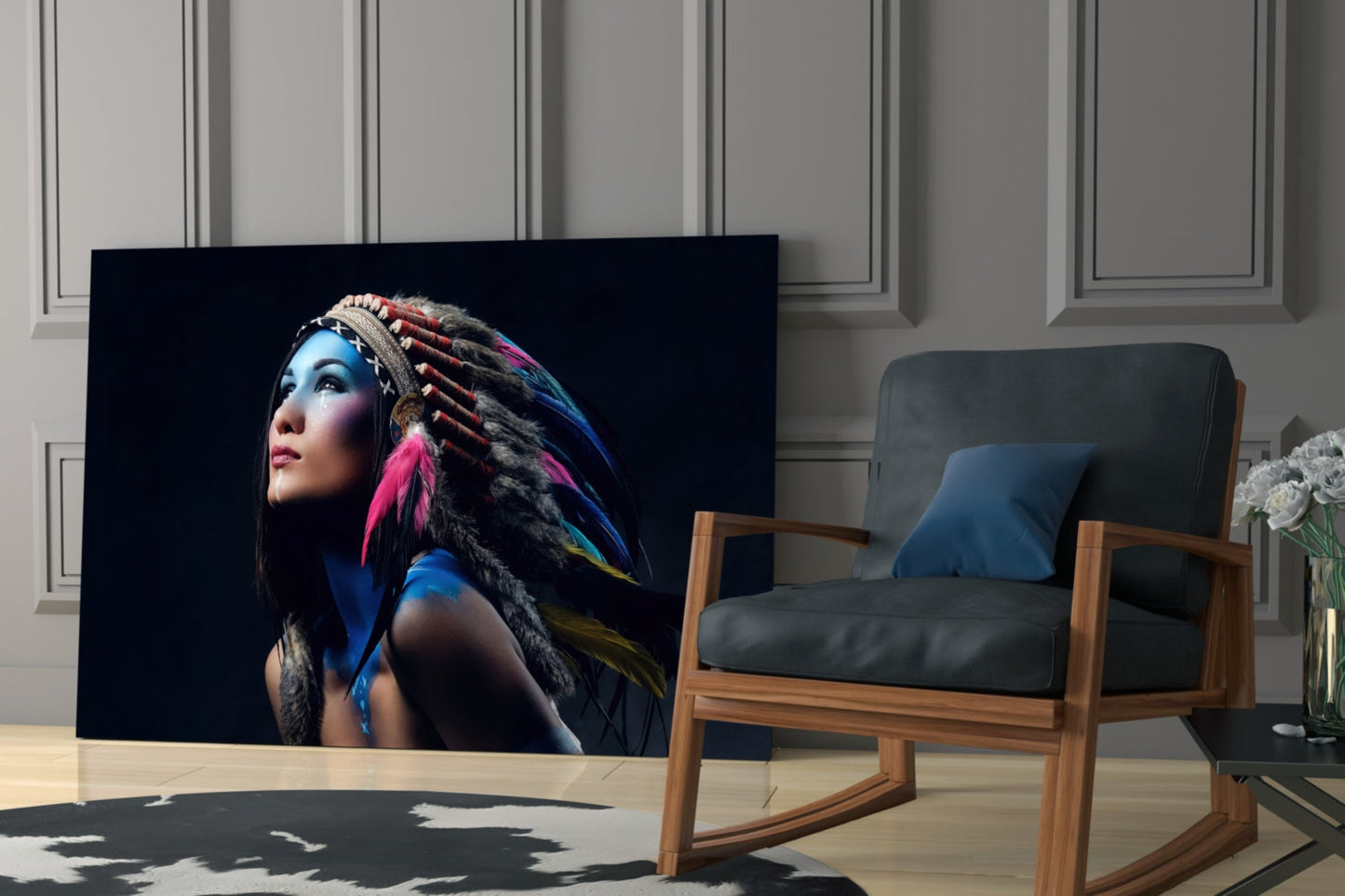 Feather Headdress Portrait Glass Wall Art