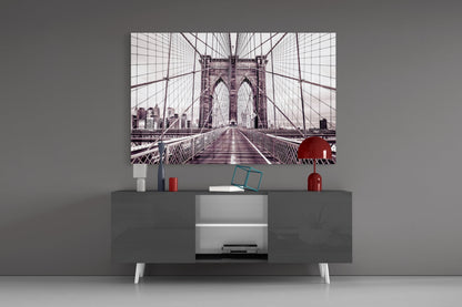 Brooklyn Bridge Sepia Cream Glass Wall Art