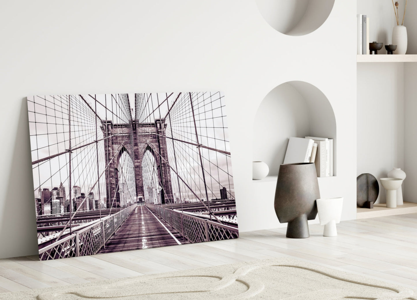 Brooklyn Bridge Sepia Cream Glass Wall Art