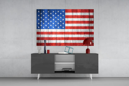 American Flag Wood Planks Glass Wall Art