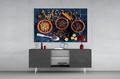 Three Bowls of Roasted Coffee Beans Glass Wall Art