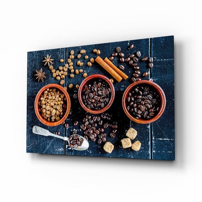 Three Bowls of Roasted Coffee Beans Glass Wall Art