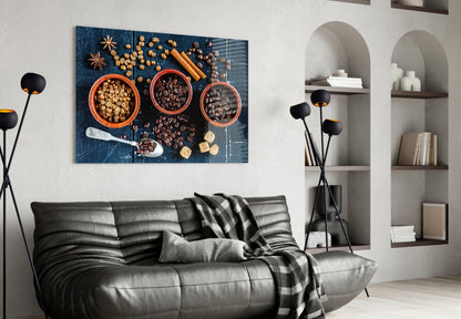Three Bowls of Roasted Coffee Beans Glass Wall Art