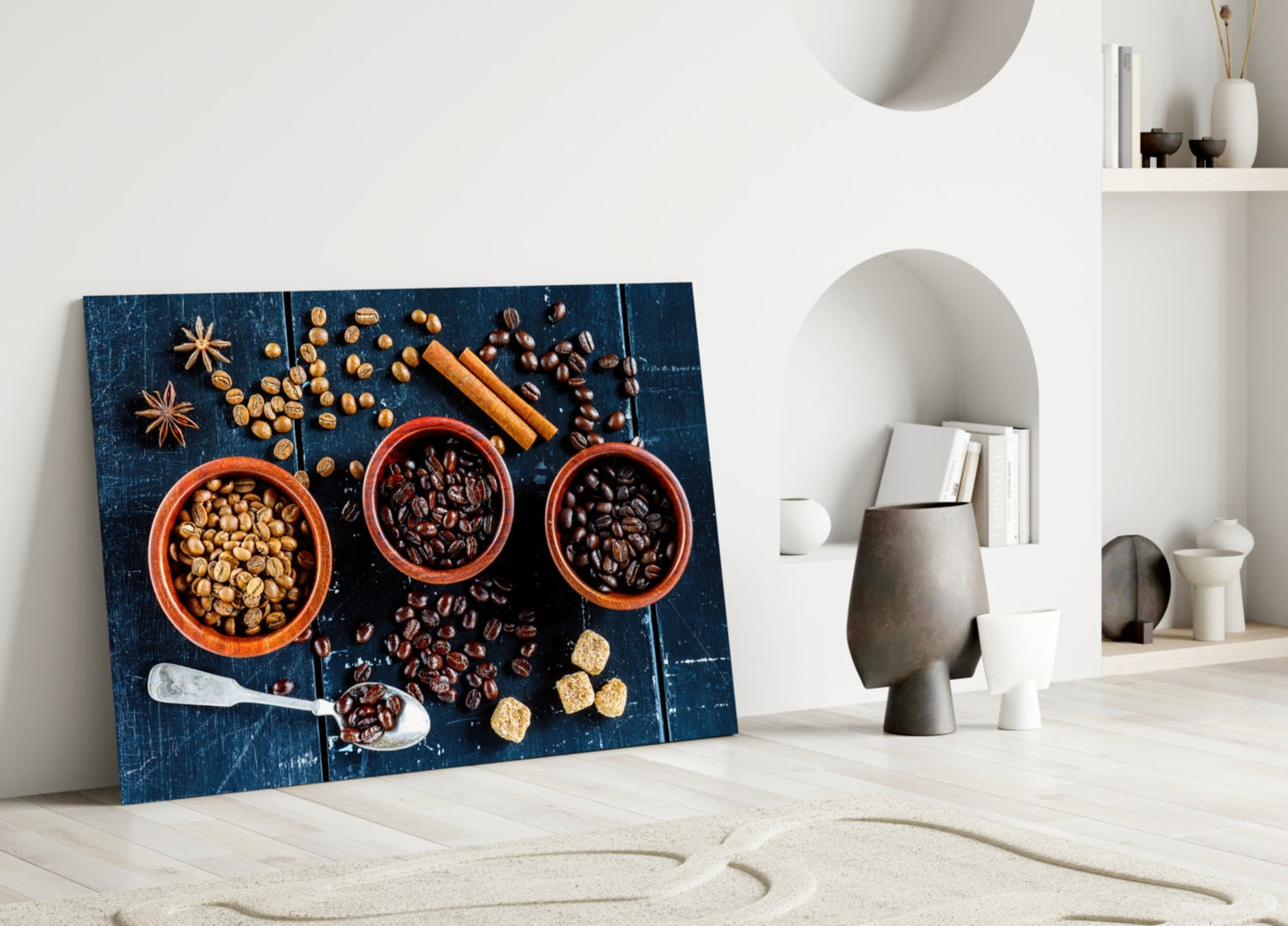 Three Bowls of Roasted Coffee Beans Glass Wall Art