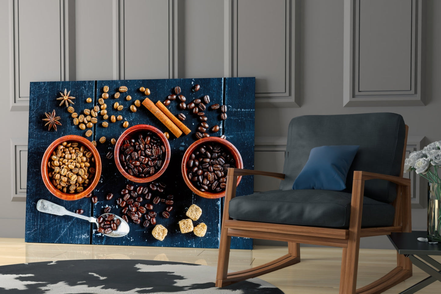 Three Bowls of Roasted Coffee Beans Glass Wall Art