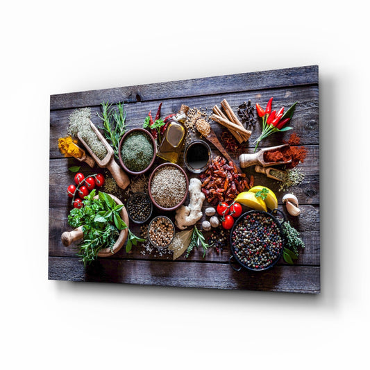 Herbs and spices in bowls on a dark rustic wood table, glass wall art on a white background