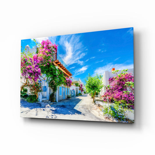 Bougainvillea Aegean lane glass wall art on a white background