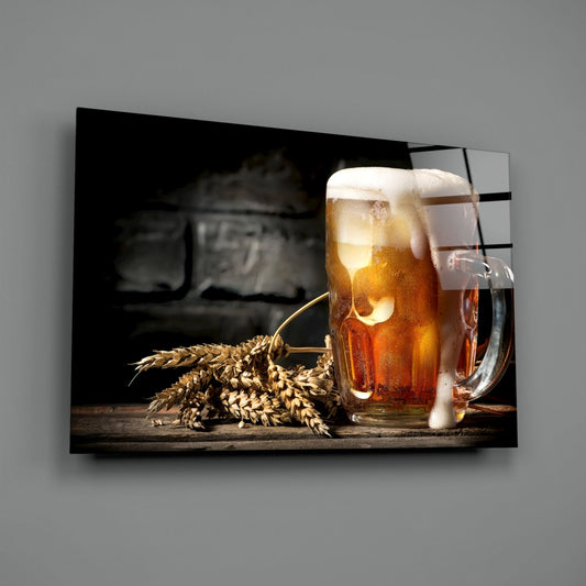 Frothy beer mug glass panel shown at an angle on a plain gray wall