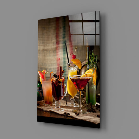 Spiced winter cocktails glass panel shown at an angle on a plain gray wall