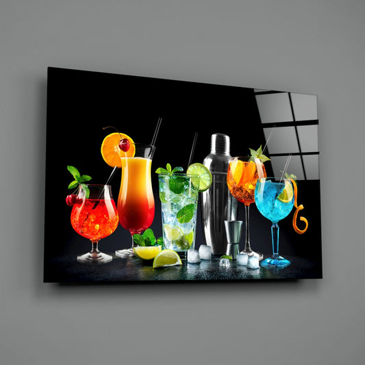 Cocktail lineup glass panel shown at an angle on a plain gray wall